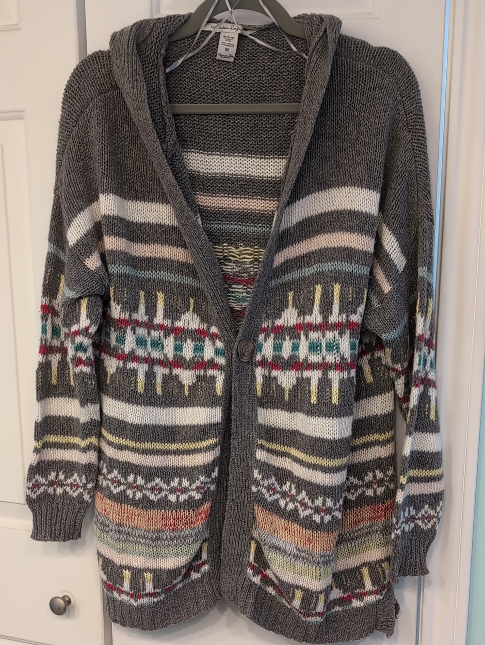 Hooded Cardigan Sweater - Gray with Multicolor Pattern